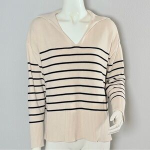 Zara Striped Knit Sweater with a Johnny Collar. Cream and Black. Small.